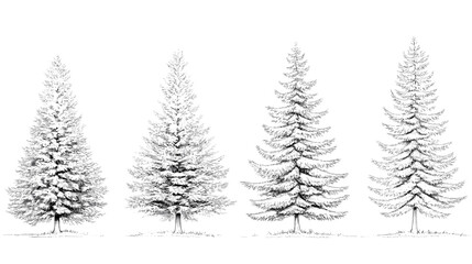 Architectural Drawings Minimal style cad tree line drawing set of green fir trees isolated on the white background, Christmas pine tree vector illustration outline symbol for landscape design drawing