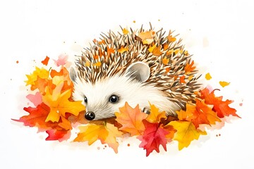 Watercolor Illustration of a Hedgehog Surrounded by Autumn Leaves