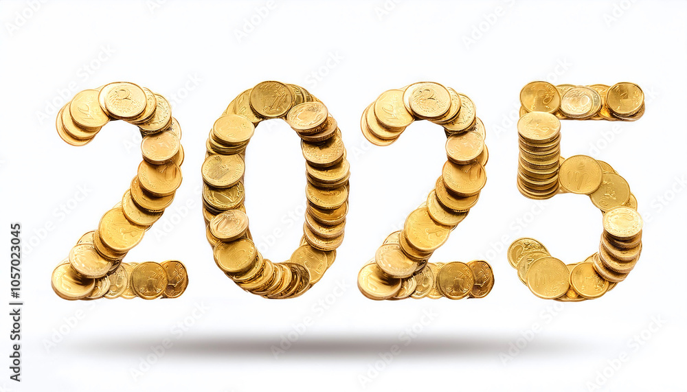 Fototapete gold coins form the combined number 2025 floating or flying pattern on side position provides copy s