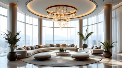 Luxury Penthouse Living Room with Panoramic Views, Curved Sofa, and Modern Chandelier in Contemporary Circular Design