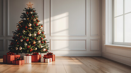 3D holiday scene with a decorated Christmas tree, ornaments, and wrapped gifts, minimalist design