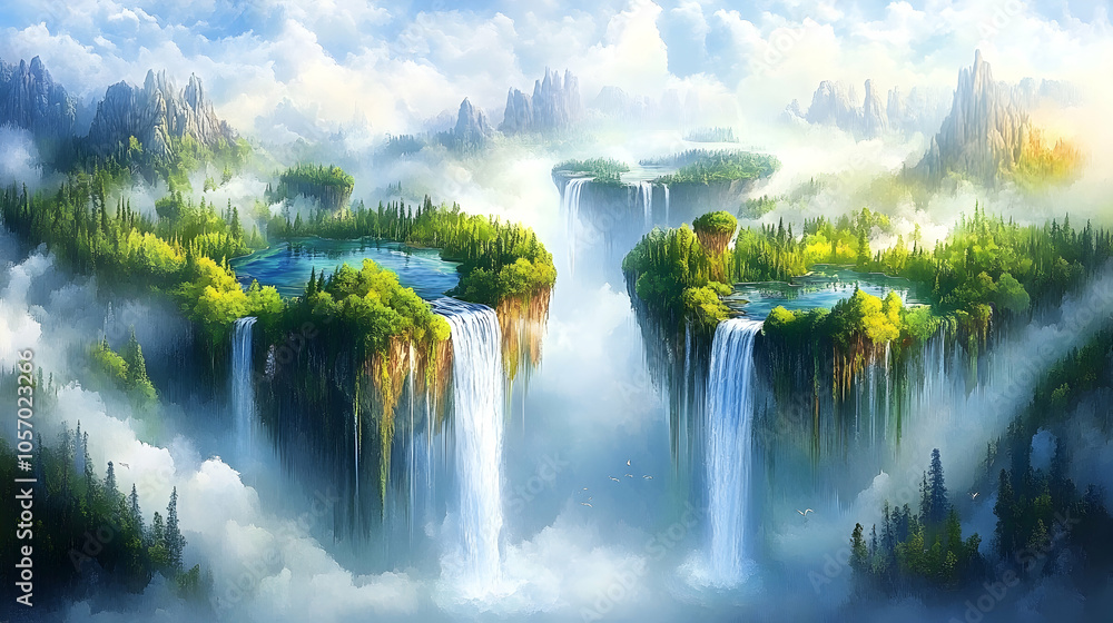 Poster three floating islands with waterfalls cascading down into clouds.