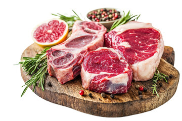 Assorted raw meats displayed on a wooden board with herbs and spices, ready for cooking.