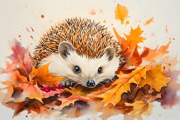 Watercolor Painting of a Hedgehog in Autumn Leaves