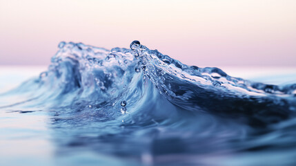 Stunning blue water wave close-up with clear, flowing details and soft pink-blue gradient background. Perfect as a calming wallpaper, capturing nature's beauty in serene, crystal-clear shades.