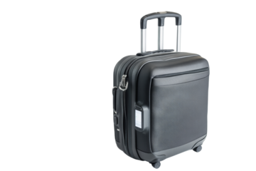 Black wheeled suitcase on a white isolated background, ideal for travel and transportation concepts.