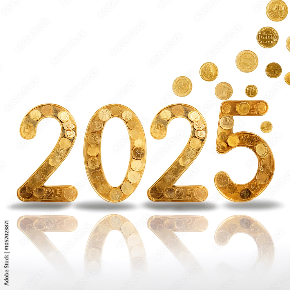 Fototapete gold coins form the combined number 2025 floating or flying pattern on side position provides copy s