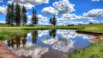 Fototapeta premium Tranquil pond with lush green grass and a stunning reflection of the clouds in the blue sky.