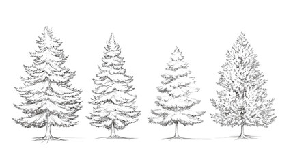 Architectural Drawings Minimal style cad tree line drawing set of green fir trees isolated on the white background, Christmas pine tree vector illustration outline symbol for landscape design drawing