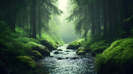 Obraz premium Tranquil stream flowing through a lush, misty forest, surrounded by moss-covered rocks.