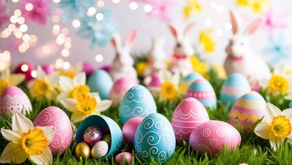 Colorful Easter eggs on green grass with Easter bunnies, daffodils and spring flowers in the background. Easter greeting card