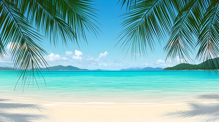 Fototapeta premium Tropical beach with palm trees, white sand, and turquoise water.