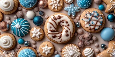 Fototapeta premium Winter Wonderland Cookies: A delightful assortment of intricately decorated gingerbread cookies in a frosty blue and white color scheme. The cookies are scattered amongst shimmering beads.