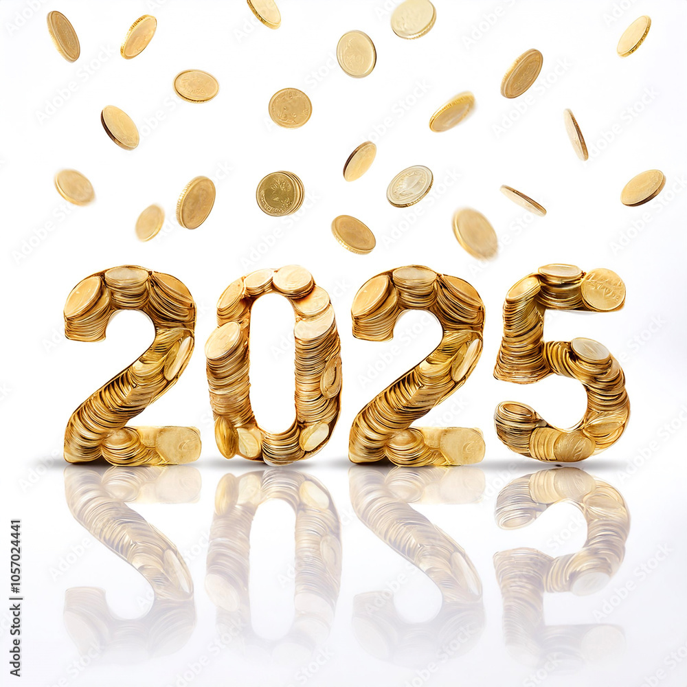 Fototapete gold coins form the combined number 2025 floating or flying pattern on side position provides copy s