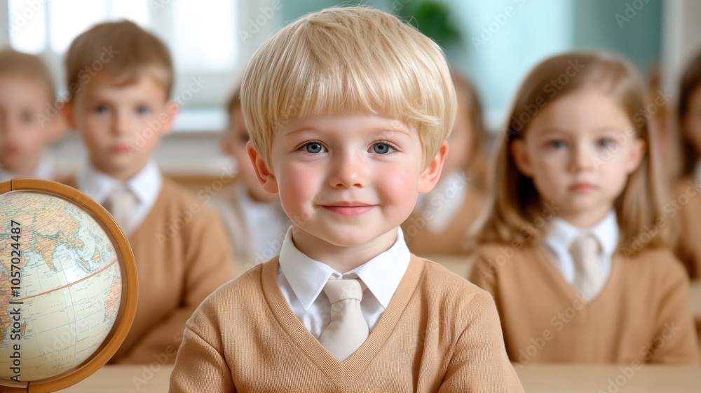 Poster smiling child in a classroom with classmates and a globe, ai