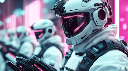 Fototapeta premium Futuristic soldiers wearing advanced helmets and armor with pink neon lights, standing in formation in a high-tech environment with a vibrant glow.