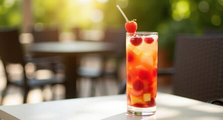 A glass of chilled sangria with fresh fruit on a sunny outdoor café table