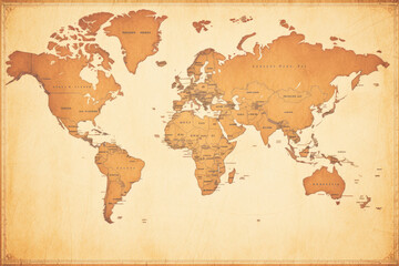 An elegant vintage world map in sepia tones showing continents and countries with delicate artistic typography and borders.