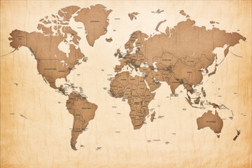 A detailed sepia world map highlighting geographic features and country names in a classic style with an antique appearance.