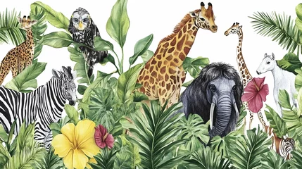 Fotobehang Watercolor illustration of African animals in a jungle setting. © bcendet
