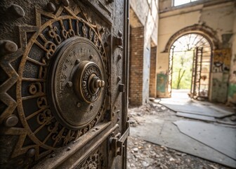 Obraz premium Close-Up of Safe Lock Combination Plate in Urban Exploration Photography