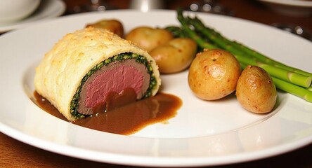 A plate of beef Wellington with a side of asparagus and roasted potatoes