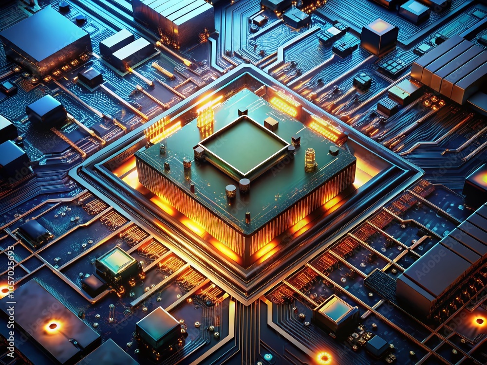 Poster closeup of a circuit board with processor - high-detail 3d illustration for technology enthusiasts a