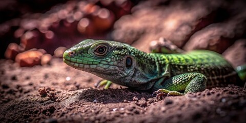 Fototapeta premium Closeup of a Green Lizard on Sandy Rocky Ground in Warm Climate - Minimalist Nature Photography