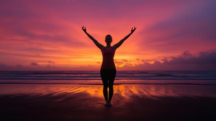Fototapeta premium Silhouette of a woman in a yoga balance pose on the beach at sunset, serene ocean waves in the background, warm orange hues, beach yoga, sunset, balance