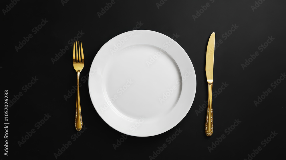 Canvas Prints Minimalist served white plate with golden fork and knife, copy space, black background. Generative AI