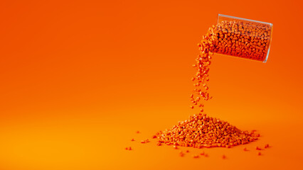 Orange plastic polypropylene granules pouring from the glass on a orange backdrop, masterbatch polymer grain pile. HDPE or PVC resin pellets. Place for text. 3d render illustration