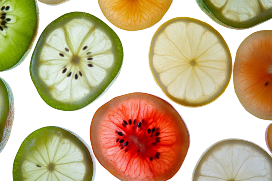 Colorful slices of various fruits on a white background, showcasing vibrant textures and patterns.