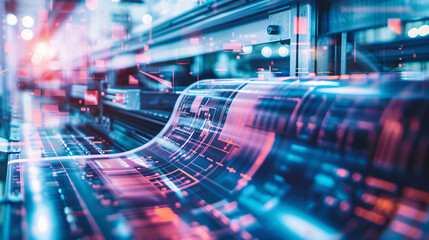 Close-up of an advanced printing press in operation, featuring digital interface overlays and glowing circuitry, blending technology with manufacturing
