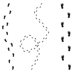 PrintPrint. Vector illustrationBlack footprints on a white background show varied paths: straight, looping, and zigzag. Symbolizes journey and direction. Ideal for travel and decision themes. © Полякевич Олена