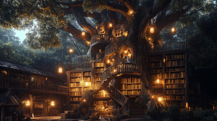 Fototapeta premium Fantasy Tree Library With Winding Stairs And Warm Lights