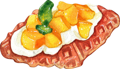 Croffle topped with cream and mango, Hand Drawn Illustration Watercolor painting