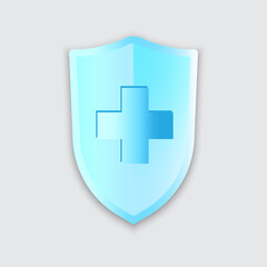 Obraz premium Medical shield icon. Health protection vector. Cross safety symbol. Blue security emblem.