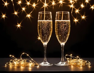 Celebratory champagne flutes with sparkling lights during a festive evening gathering
