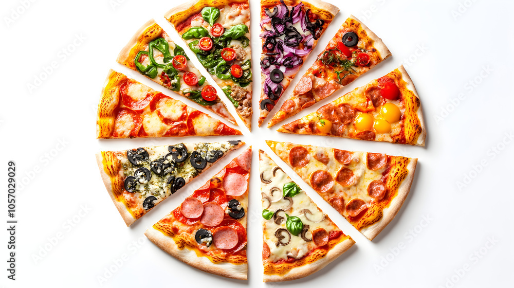 Aufkleber pizza slices arranged in a circle with each slice featuring a different bright color and toppings