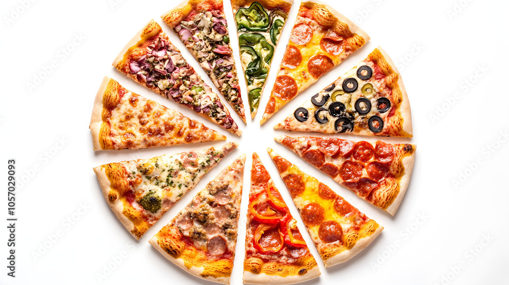 Aufkleber pizza slices arranged in a circle with each slice featuring a different bright color and toppings