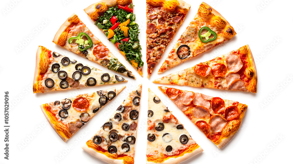 Aufkleber pizza slices arranged in a circle with each slice featuring a different bright color and toppings