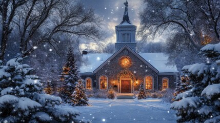 A peaceful winter scene of a historic church building,