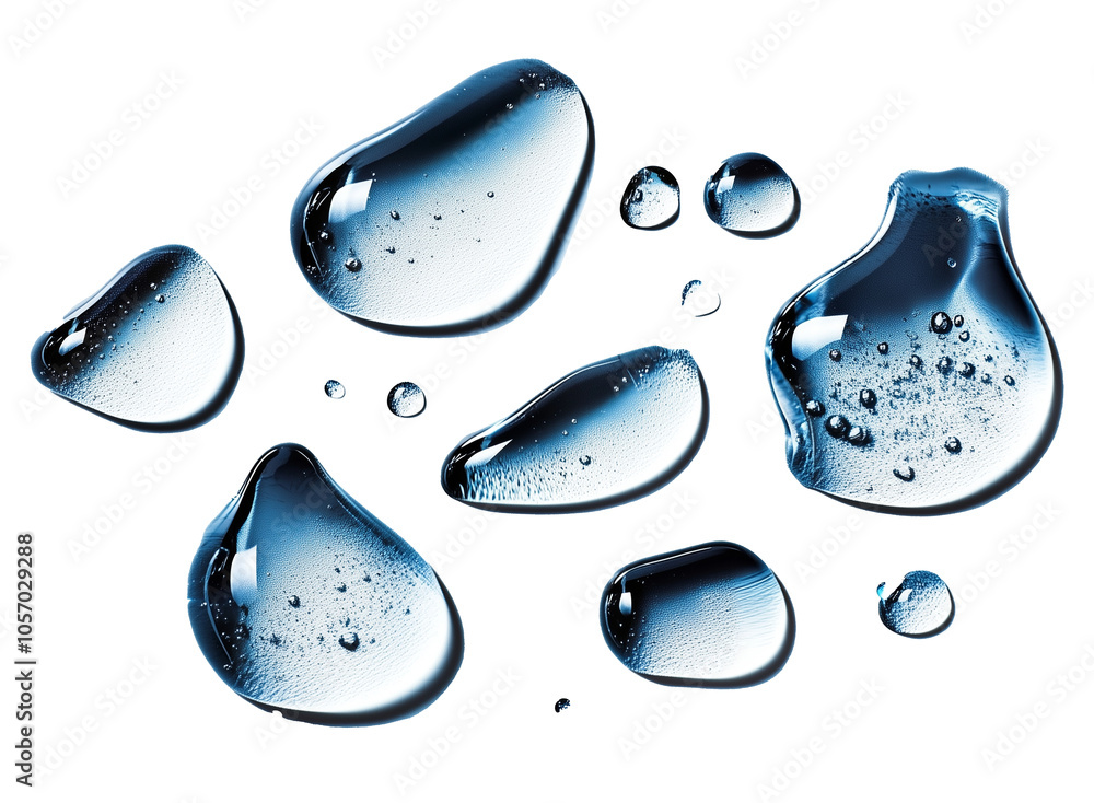 Aufkleber Transparent water droplets on white background create refreshing and clean visual effect. droplets vary in size, showcasing realistic reflections and textures
