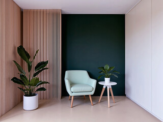 Stylish Modern Living Room Interior with Green Accent Wall, Minimalist Armchair, Indoor Plants, and Wooden Slat Paneling