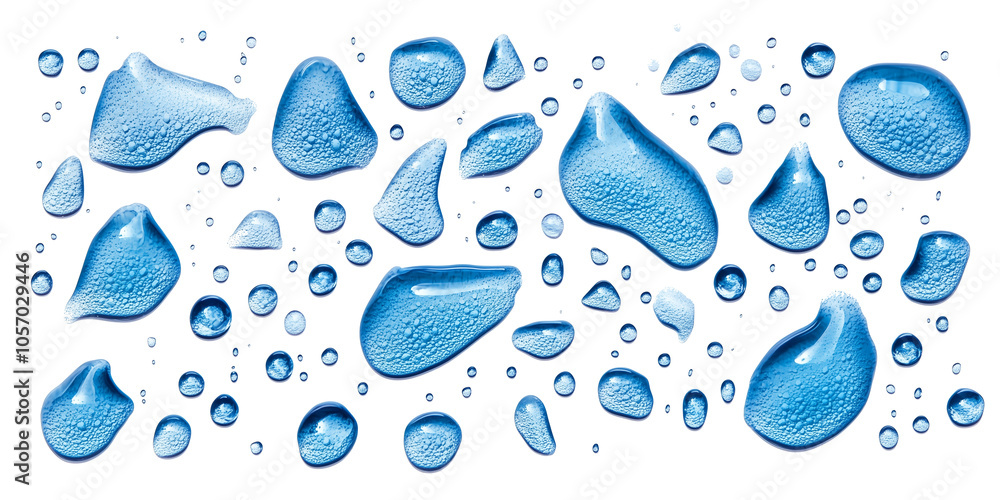 Aufkleber Various sizes of transparent blue water droplets on white background create refreshing and clean visual effect