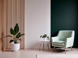 Modern Minimalist Living Room Interior with Green Accent Wall, Stylish Armchair, and Indoor Plants in White Pots