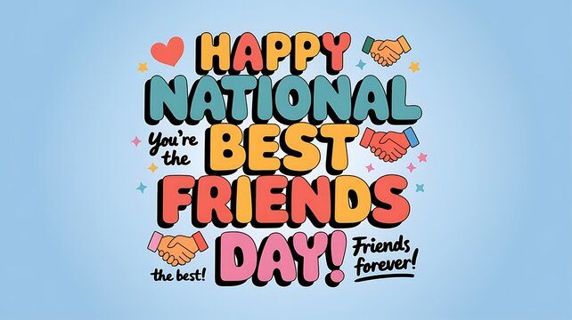Happy National Best Friends Day with Handshake and Heart Icons