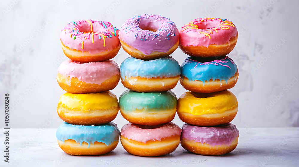 Poster multiple colorful doughnuts stacked in a pyramid, each with contrasting neon icing