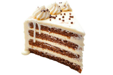 Delicious slice of chocolate cake with frosting and layers, isolated on white background.