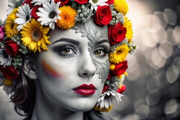 Colorful Floral Mask – A Woman's Face Covered in Vibrant Flowers with Bokeh Effect for Stunning Visuals